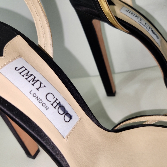 JIMMY CHOO GORGEOUS BLACK SATIN & GOLD ANKLE STRAP SANDALS 40.5 - Picture 5 of 16